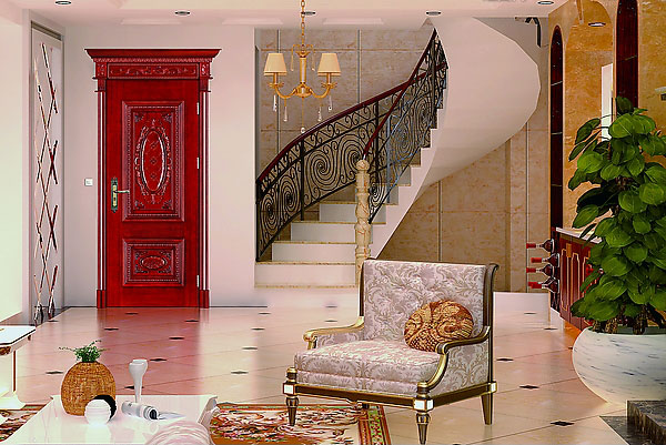 奢华现代欧式客厅 红色木门效果图
