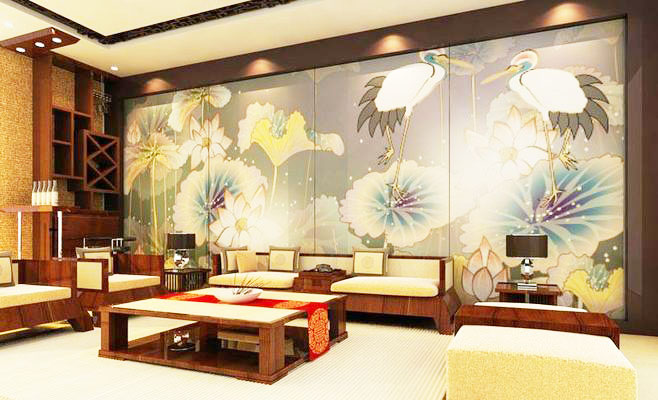 典雅中式客厅 丹顶鹤沙发背景墙效果图