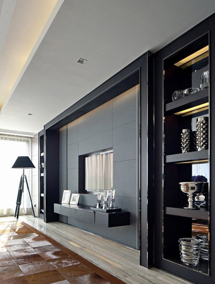 时尚大气现代风客厅 灰黑色电视背景墙设计