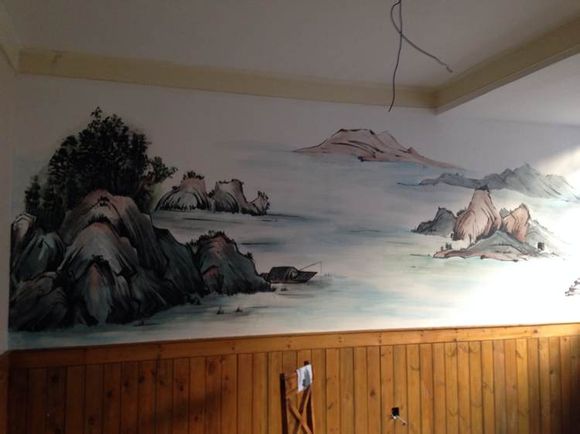 大气中式山水画手绘墙设计