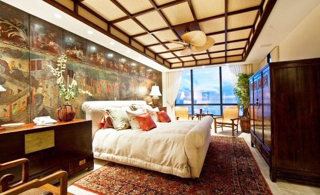 奢华古典中式卧室 实木格栅吊顶效果图