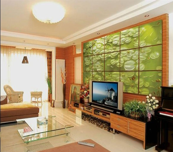 唯美中式客厅 绿色魔块电视背景墙设计