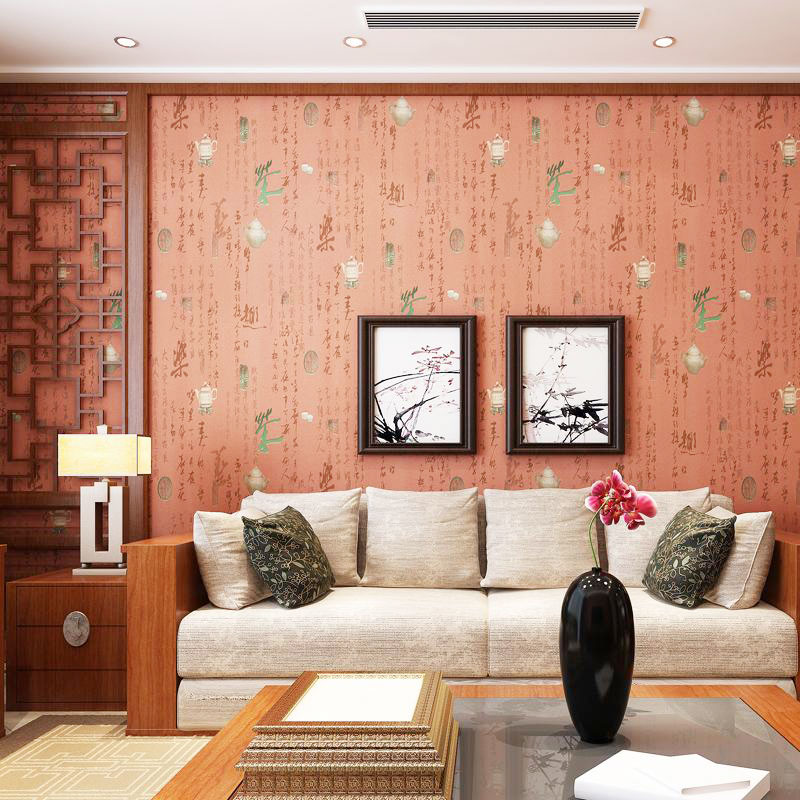 温馨中式客厅 朱红色沙发背景墙效果图