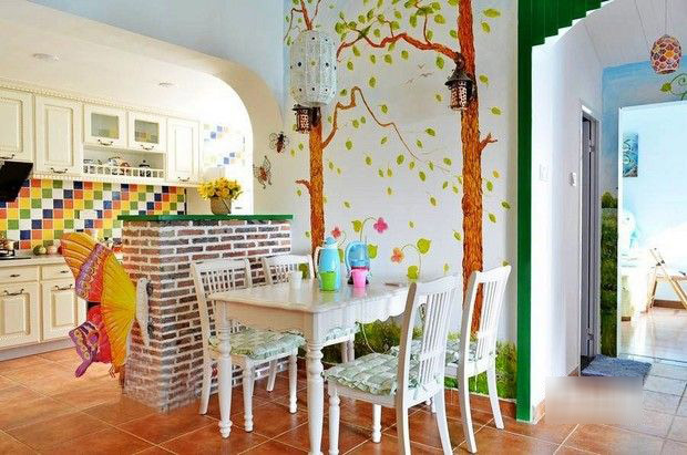 地中海风情餐厅树干手绘墙效果图
