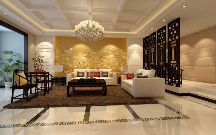 精美典雅中式客厅 手绘背景墙设计
