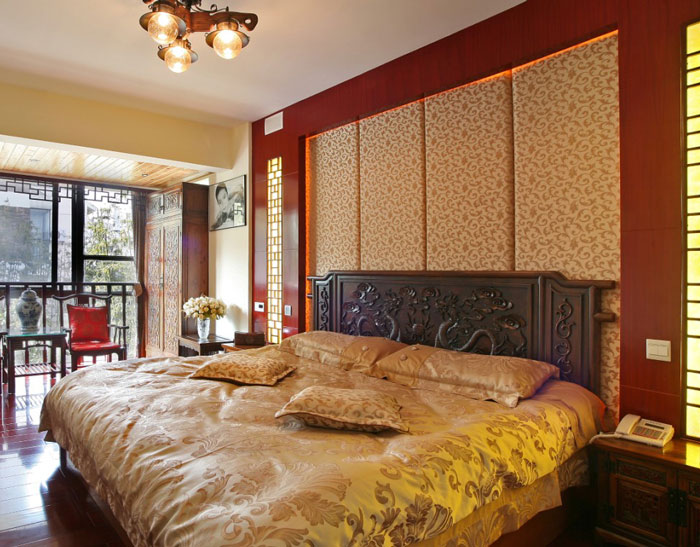 浪漫中式卧室 碎花软包背景墙效果图