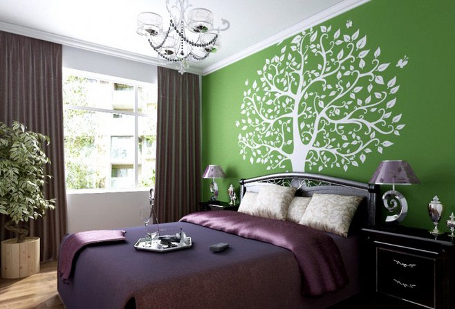 绿色现代简约风卧室 手绘背景墙设计