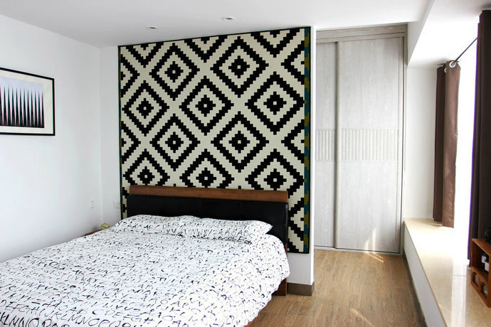 经典北欧风卧室 几何图案背景墙效果图
