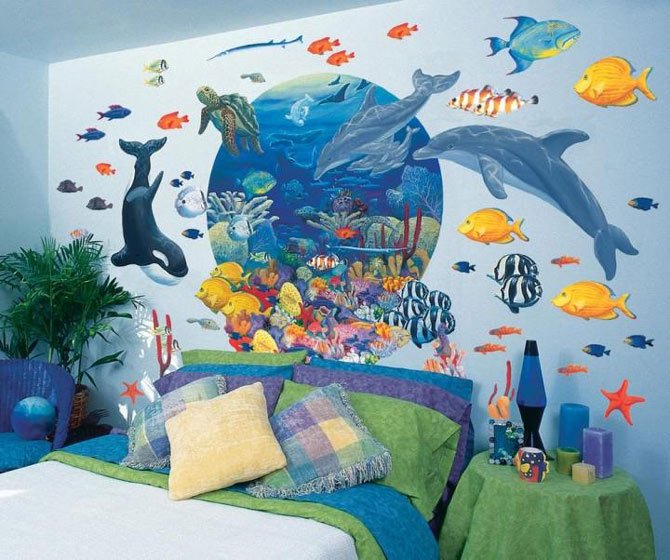 清爽现代风儿童房 海洋手绘墙效果图
