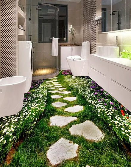 浪漫田园风卫浴间 花园草地3D地板纸设计