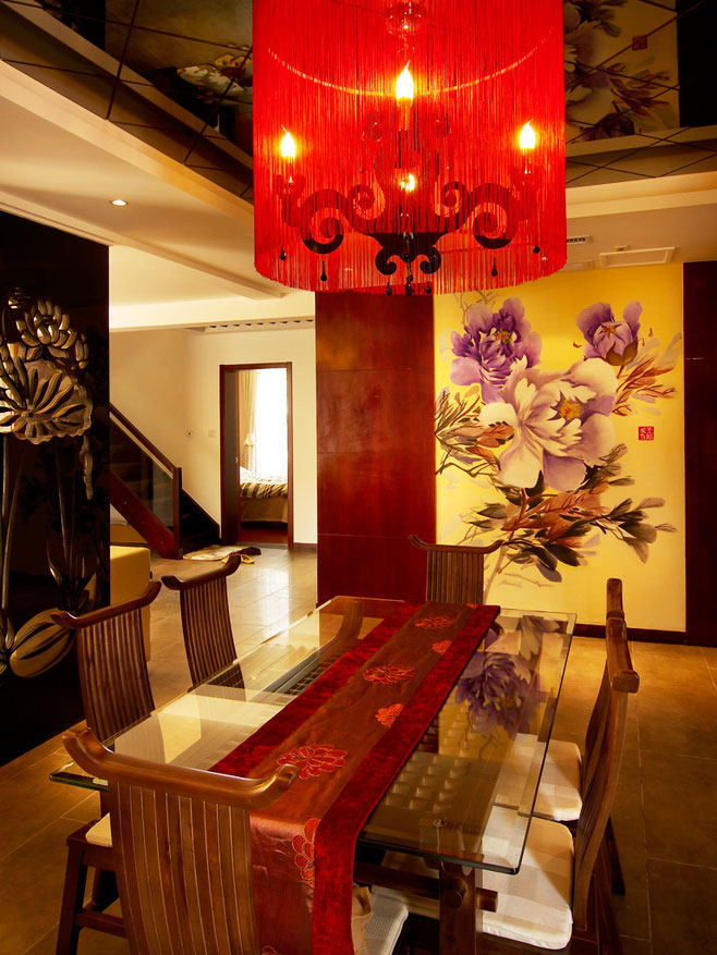 高贵典雅中式餐厅 牡丹背景墙效果图
