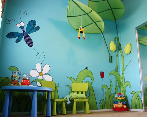 蓝色混搭风儿童房 涂鸦手绘墙效果图