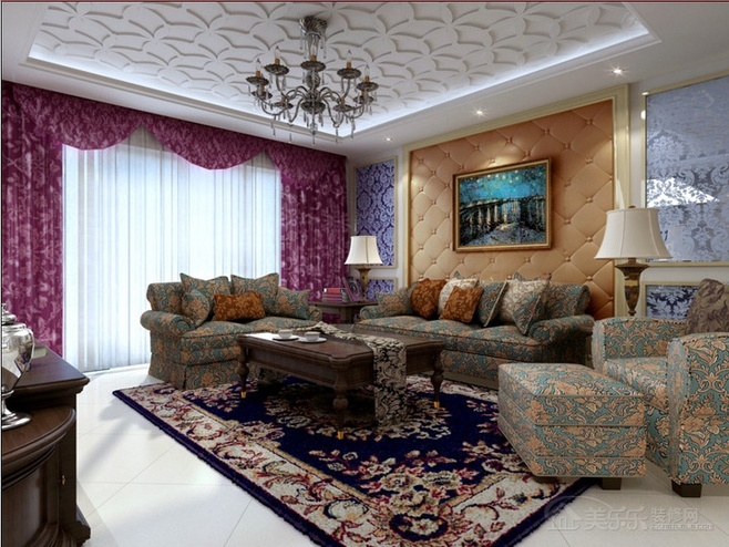 奢华美式新古典客厅 软包背景墙效果图