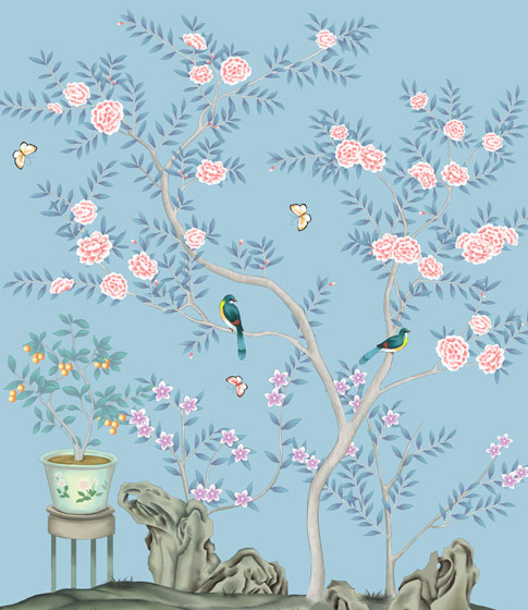 清新中式风 花鸟手绘墙效果图