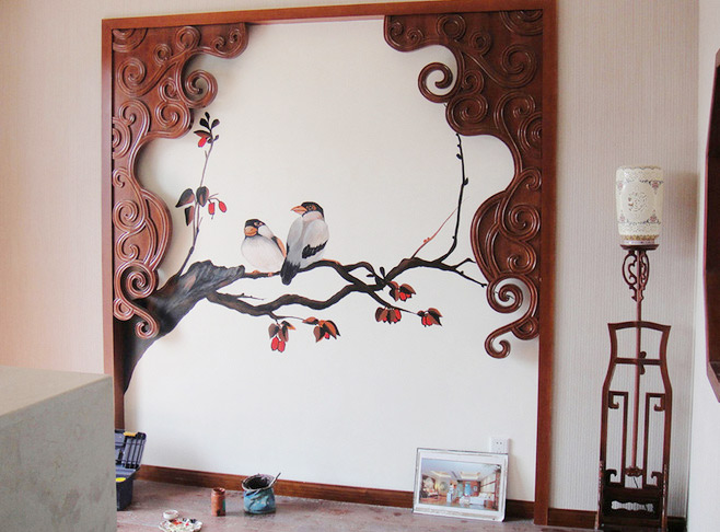 精美中式家居喜鹊手绘墙效果图