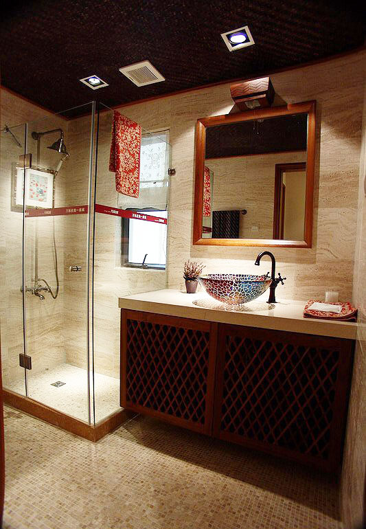 美式异域风卫生间 实木浴室柜效果图