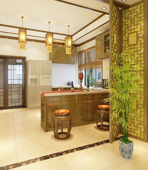 古香古色中式厨房 实木橱柜设计图