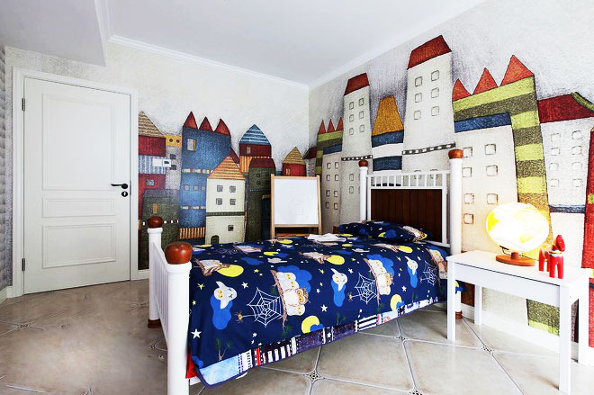 简欧风卧室 童话城堡手绘墙效果图