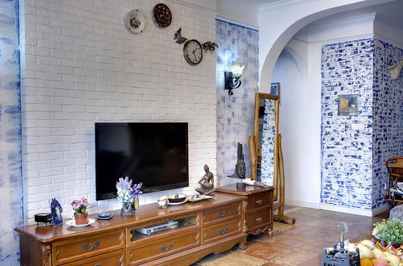 清爽地中海风情客厅 文化砖电视背景墙设计