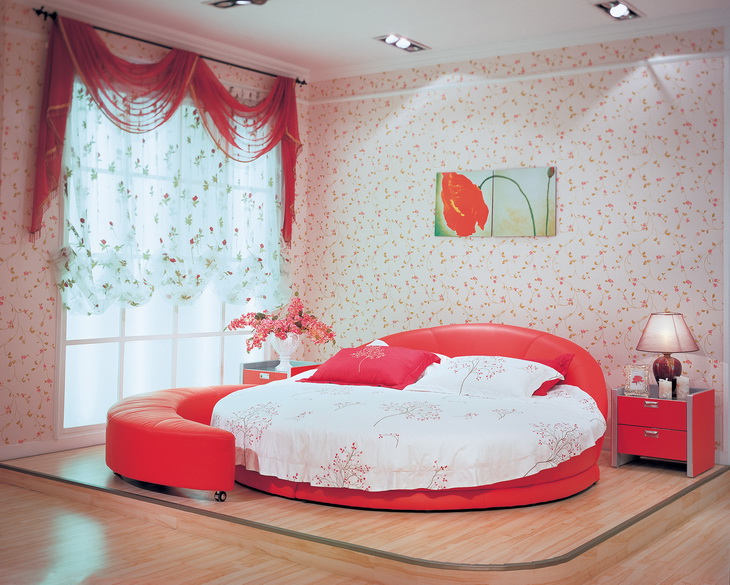韩式田园风卧室 红色皮艺圆床设计