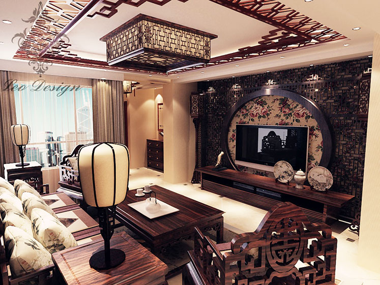 古香古色中式客厅 镂空电视背景墙设计